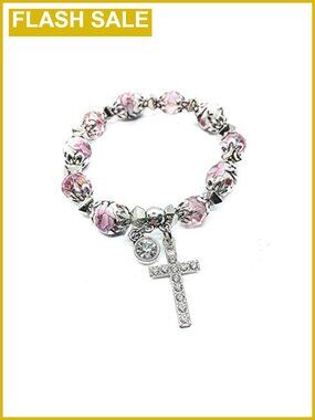 Handmade Crystallized Glass Bead Cross Bracelet Ceramic Flower Stretch Bangle